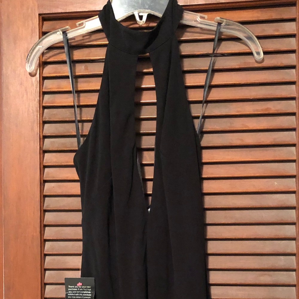 Black Bebe halter cocktail dress.